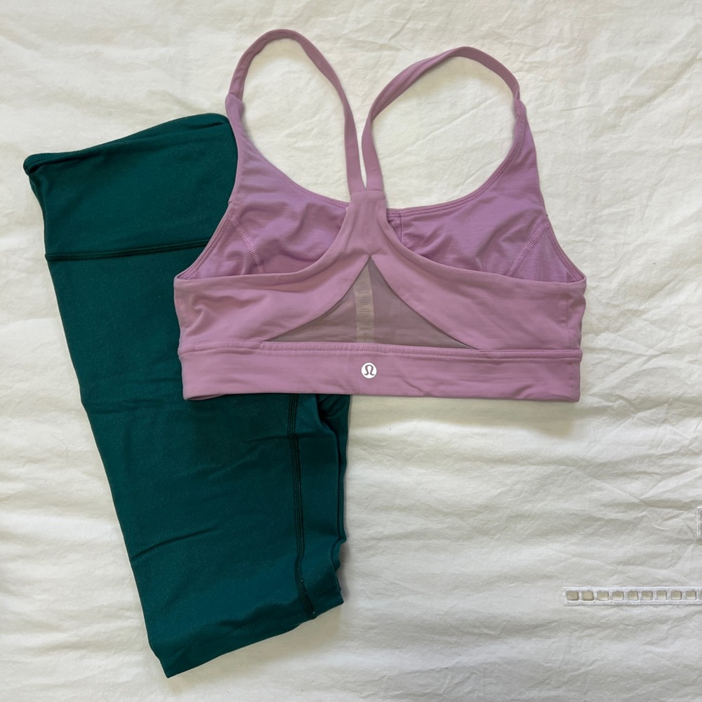 Lululemon pink and green sports bra and leggings set